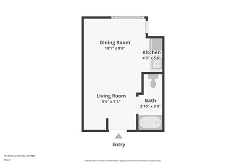 Floor plan for studio, 1 bath